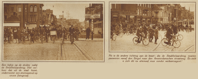 872511 Collage van 2 foto's betreffende de verkeersdrukte veroorzaakt door fietsers rond de Smakkelaarsbrug te Utrecht.